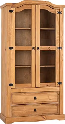 Seconique Corona 2 Door 2 Drawer Glass Display Cabinet in Brown Waxed Pine