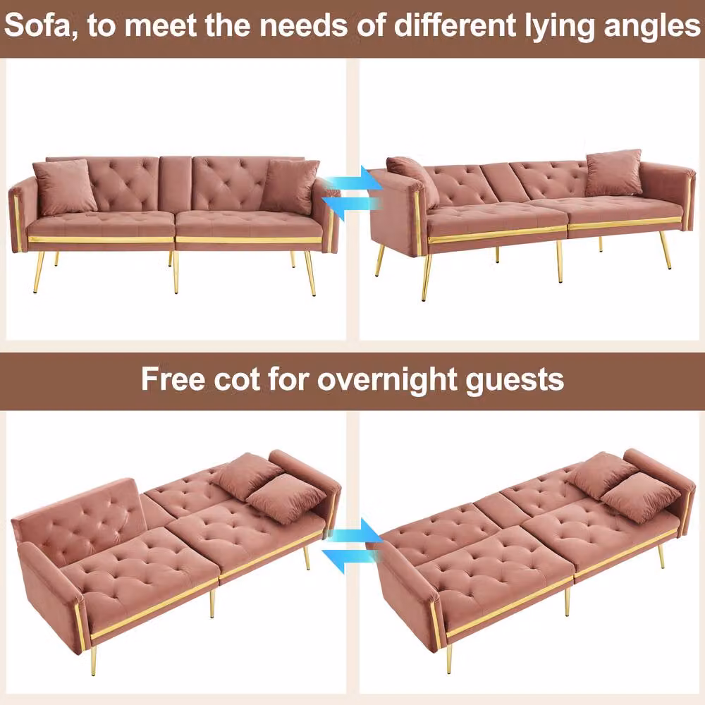 Merax Pink Velvet Sofa Bed with Gold Trim and Fold-Down Cup Holders, W: 174 cm, H: 76 cm, D: 71.5 cm – 4