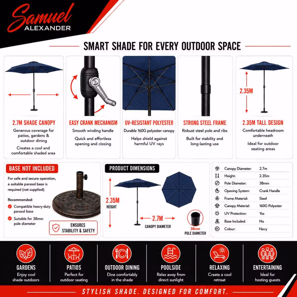 Samuel Alexander Blue Havana Garden Patio Parasol with Crank Handle, W/D/H: 270 x 270 x 235 cm – 6