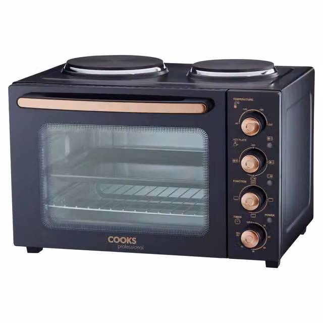 Cooks Professional 34L Mini Electric Multifunction Countertop Oven with 2 Hobs in Black and Copper – 4