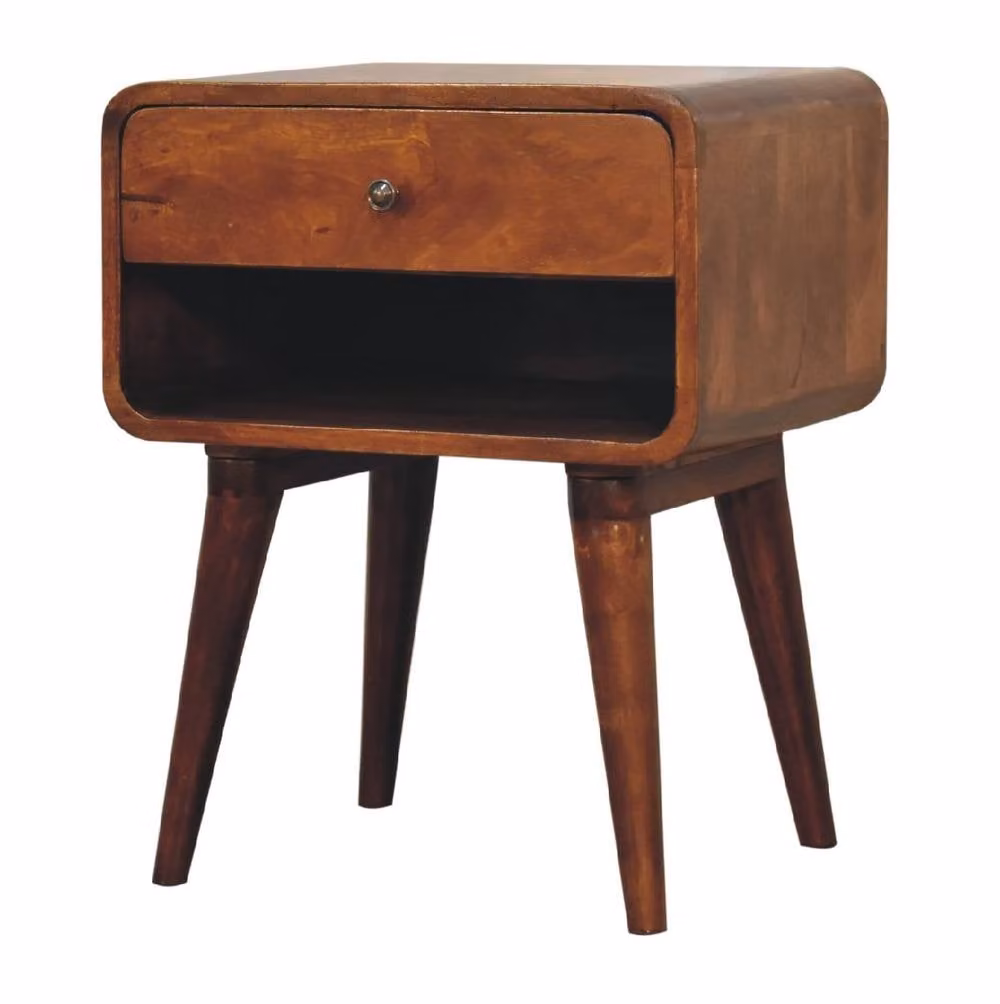 STILVORA Mid-Century Brown Wood Bedside Table with Drawer and Shelf – 3