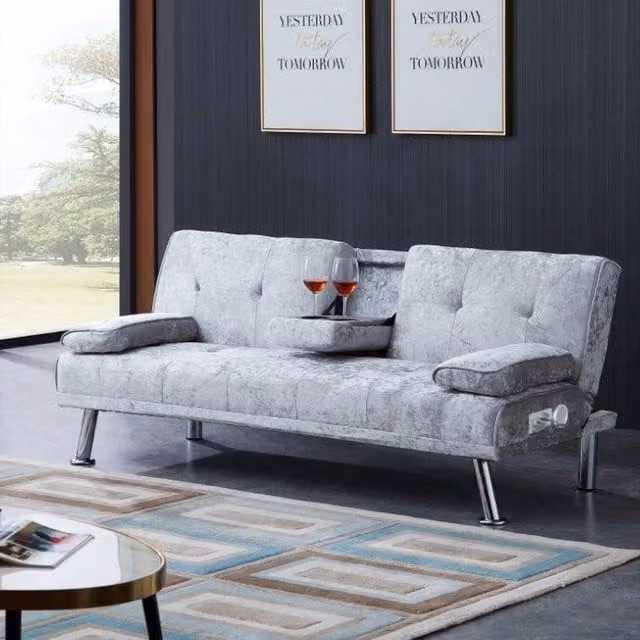 Comfy Living Verona Crush Velvet Click Clack Sofa Bed with Cup Holder in Silver