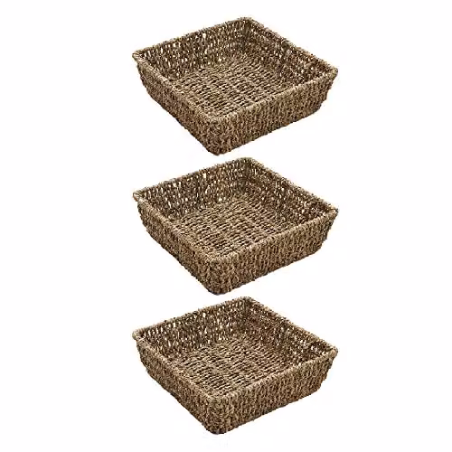 JVL Hand Woven Seagrass Square Storage Tray Set of 3 in Sand and Brown, H: 8 cm, W: 25 cm, D: 25 cm