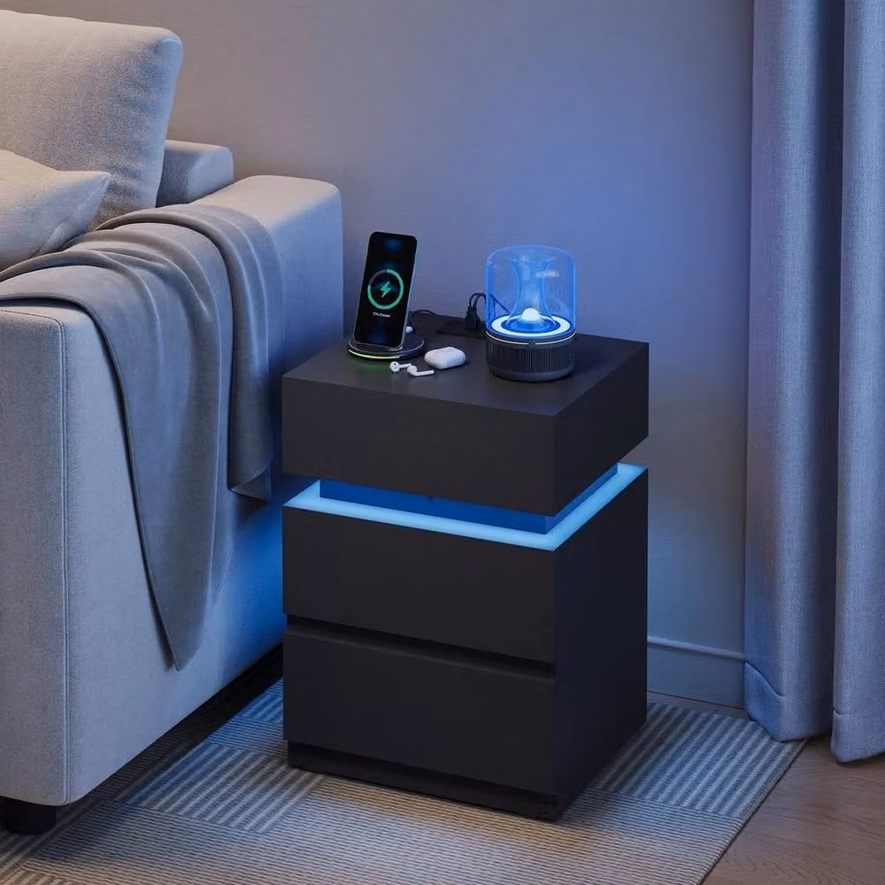 FORGEVIO Modern Black Bedside Table Nightstand with 2 Drawers and Integrated Charging Station – 5