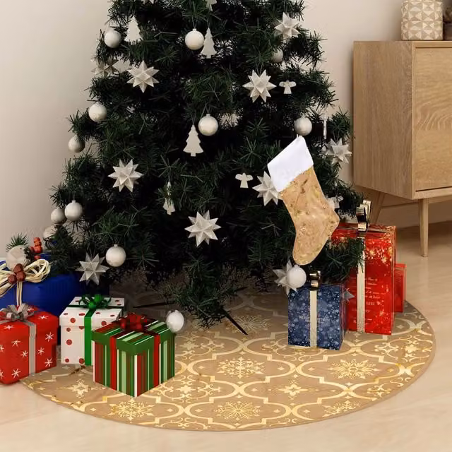 Berkfield Home Luxury Christmas Tree Skirt with Sock in Yellow and Gold, Diameter: 150 cm