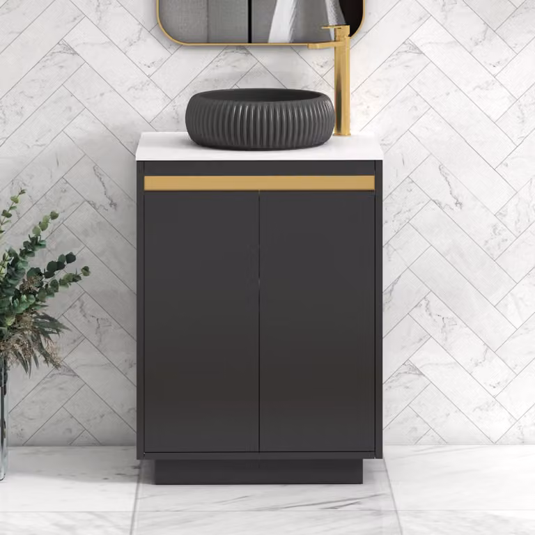 Royal Bathrooms Orion 600mm Matt Obsidian Black and Plain White Floor Standing 2 Door Vanity Unit with Milan Black Basin and Brushed Brass Accent Trim
