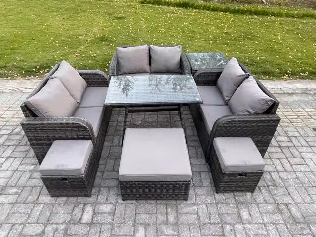 Fimous 9 Seater Outdoor Rattan Garden Furniture Set in Dark Grey with Rectangular Dining Table, 3 Footstools and Side Table