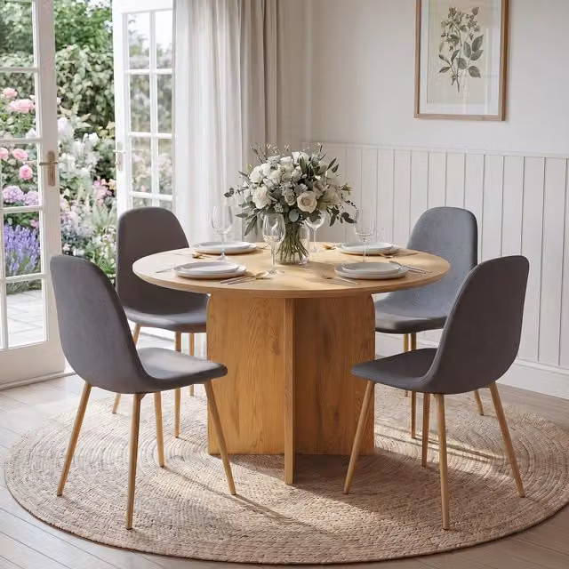 Home Garden Direct NYX Dining Set with Round Wood Effect Table and Grey Linen Chairs