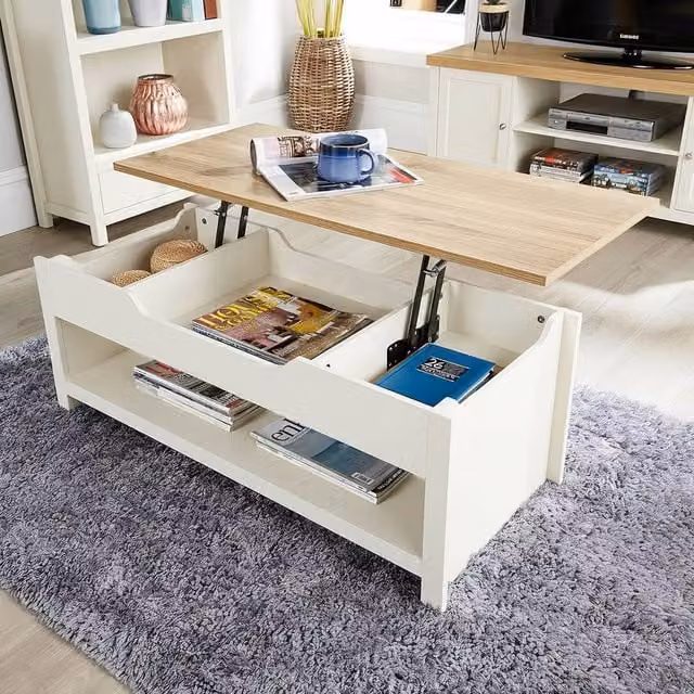 Home Source Avon Lift Up Coffee Table with Oak Top and Storage Shelf in Off-White – 1