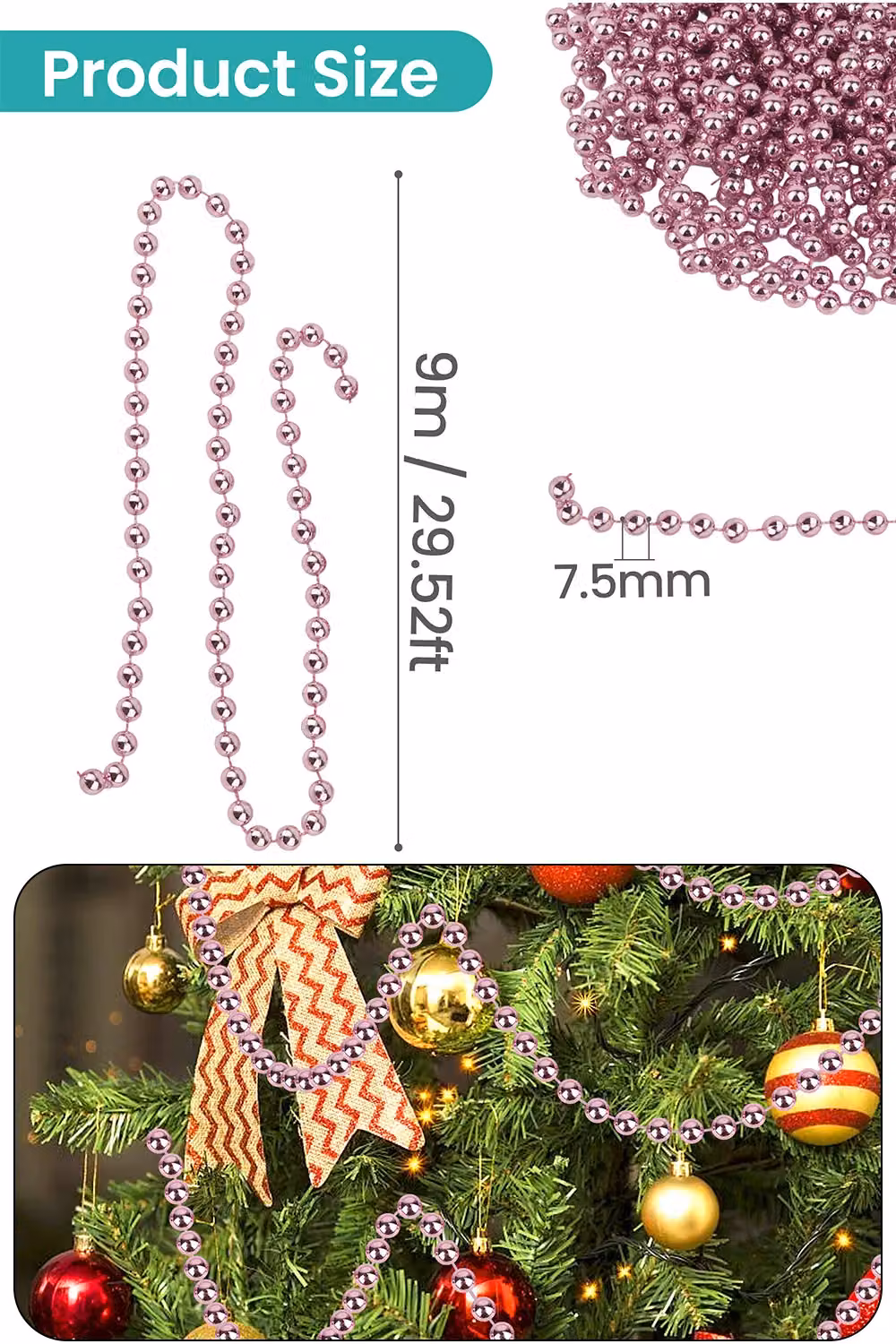 Neel Blue 9m Metallic Christmas Bead Chain with 7.5mm Shiny Pearl Round Beads – 2
