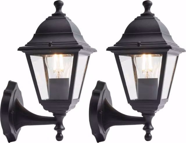 First Choice Lighting Set of 2 Cambridge Outdoor Wall Lanterns in Matt Black and Transparent Glass
