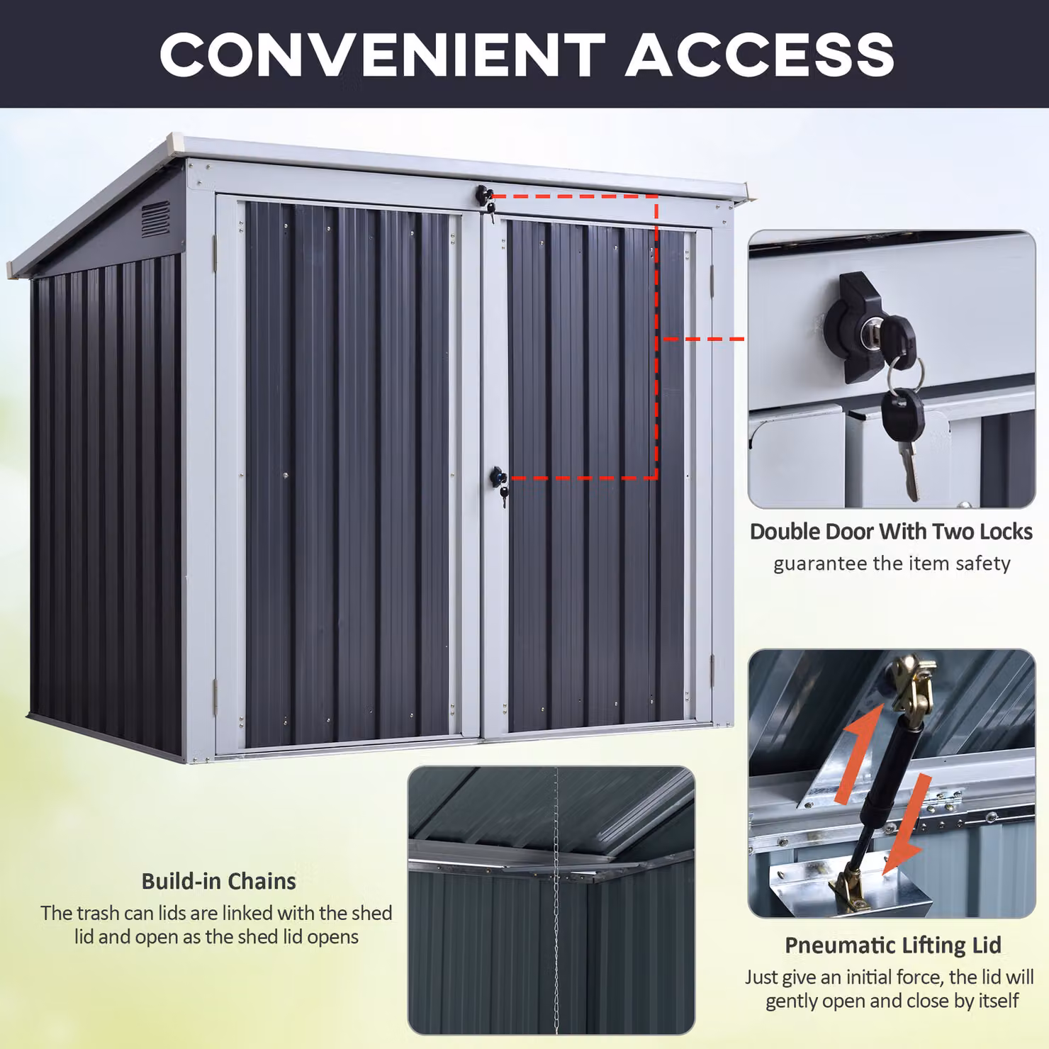Outsunny Black Corrugated Steel 2-Bin Garden Rubbish Storage Shed with Locking Doors and Lid – 5