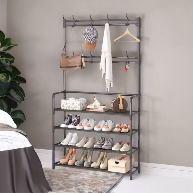 Rafaelo Mobilia Industrial Metal Hall Tree Shoe Rack with Clothes Rail in Matt Black – 1