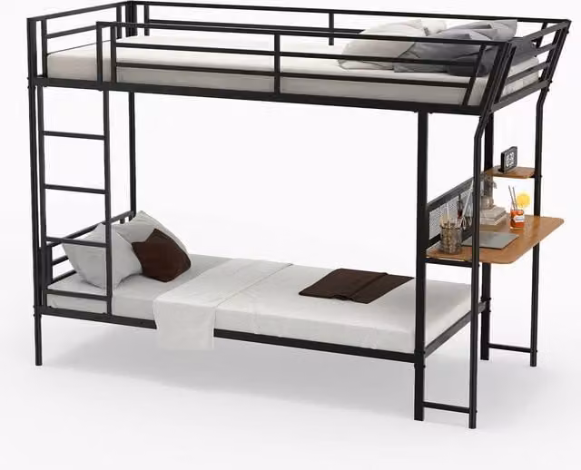 Gymax Metal Single Loft Bed with Desk and Ladder in Black, 90 x 190 cm