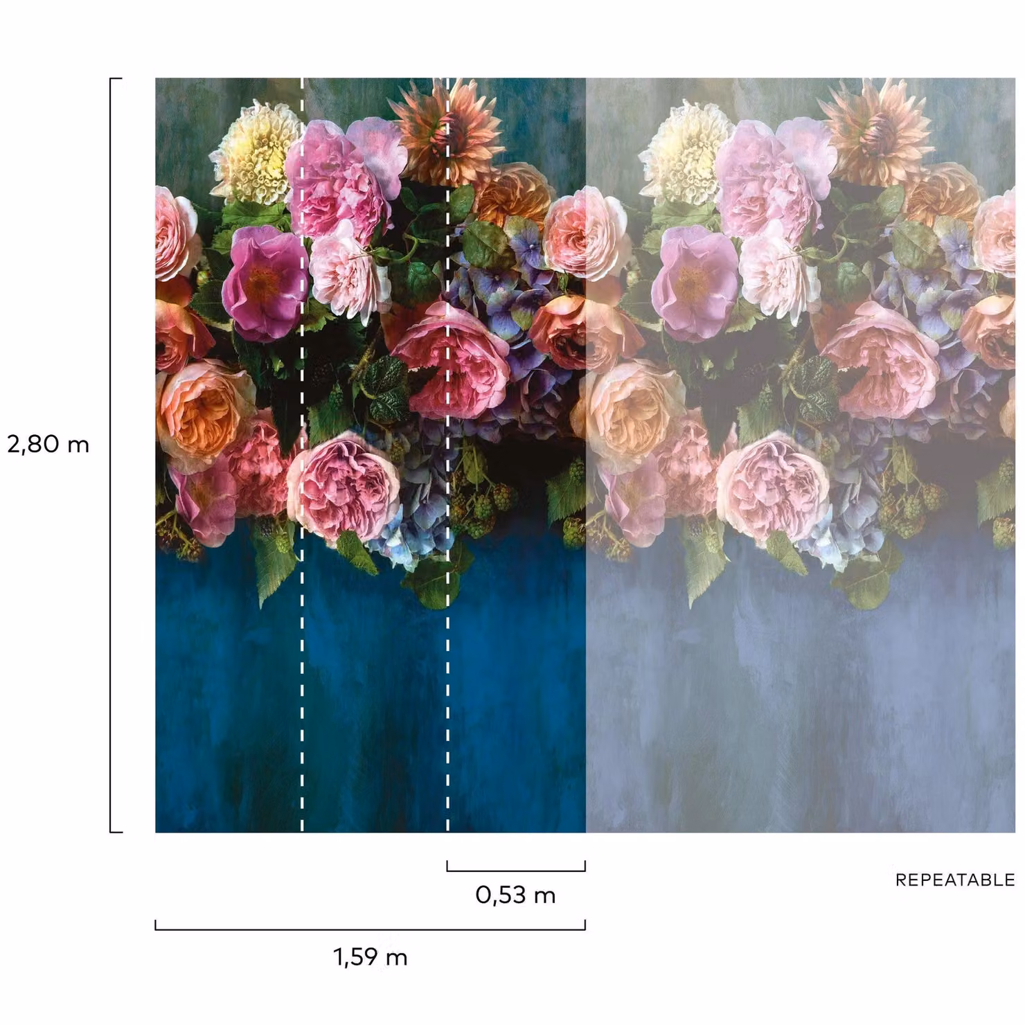 Grandeco Peony Bloom Floral Botanical Mural in Blue and Multicolour, W: 280 cm, H: 159 cm – 2