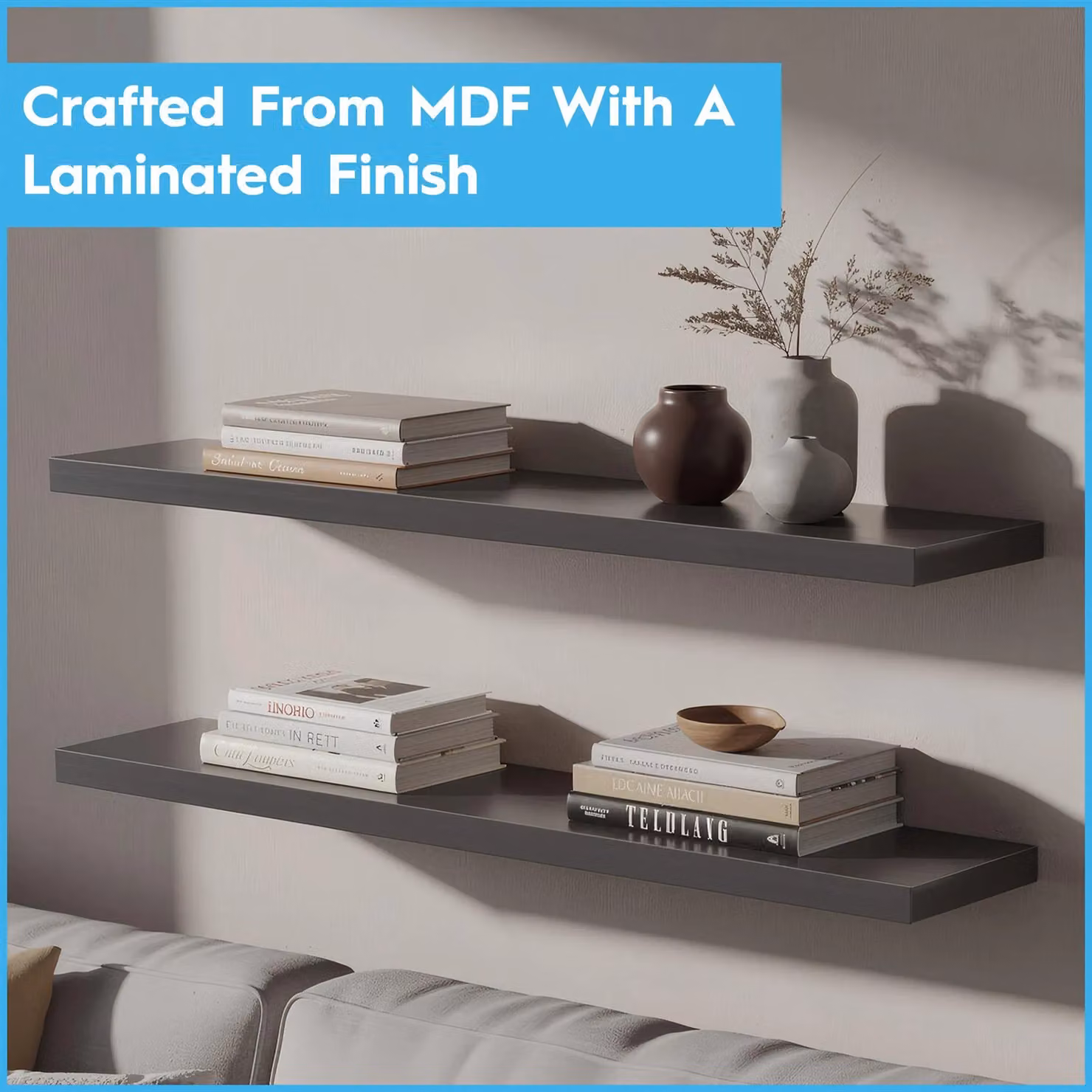 Harbour Housewares Set of 6 Black Matt Floating Wall Shelves with Integrated Lighting, Width: 100 cm – 2
