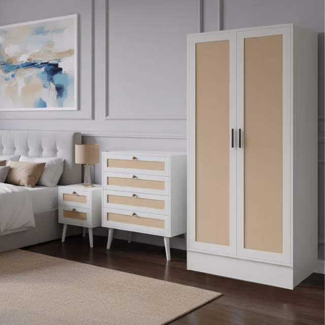 Home Treats White Rattan and Wood Bedroom Furniture Set, 2 Pieces