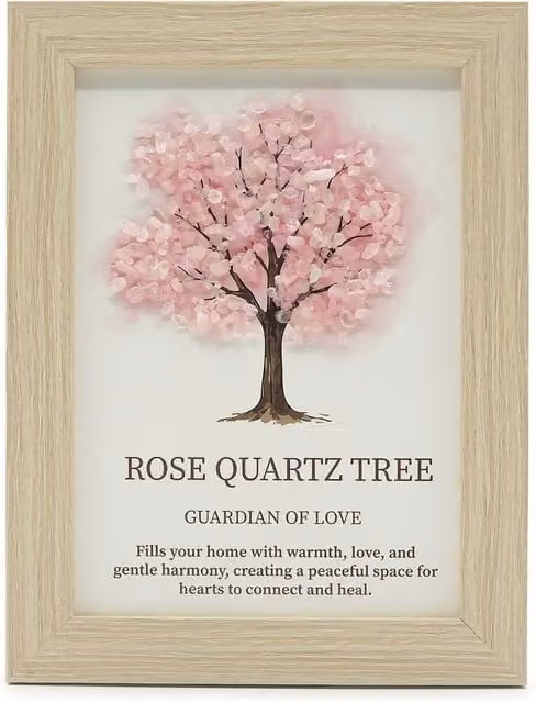 Serenityy Tree of Life Rose Quartz Gemstone Picture in Pink, W: 21 cm, H: 30 cm, D: 1.47 cm