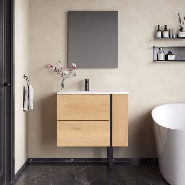 Banyetti Evora 800mm Wall Hung Vanity with Lira Offset Basin, Natural Oak in Light Brown – 1