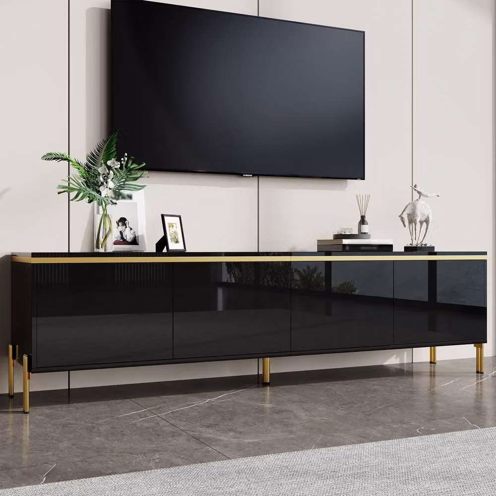 Merax Modern High Gloss TV Unit in Black with Gold Metal Legs and 4 Doors, Width: 170 cm – 3