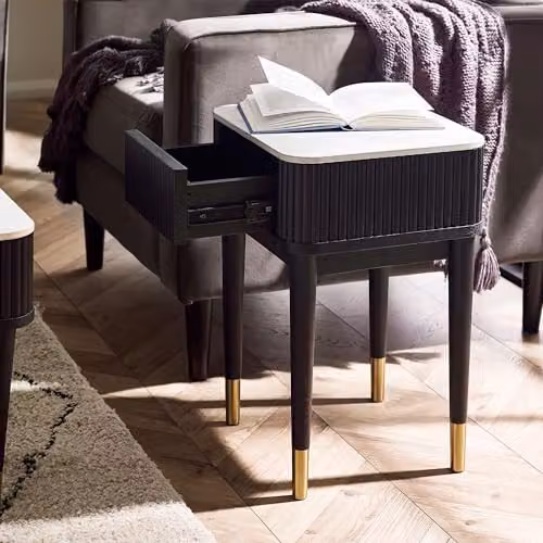 Julian Bowen Louis Fluted Stone Top Lamp Table with Drawer, Ash Wood, White Marble and Black, W/D/H: 40 x 35 x 56 cm – 1
