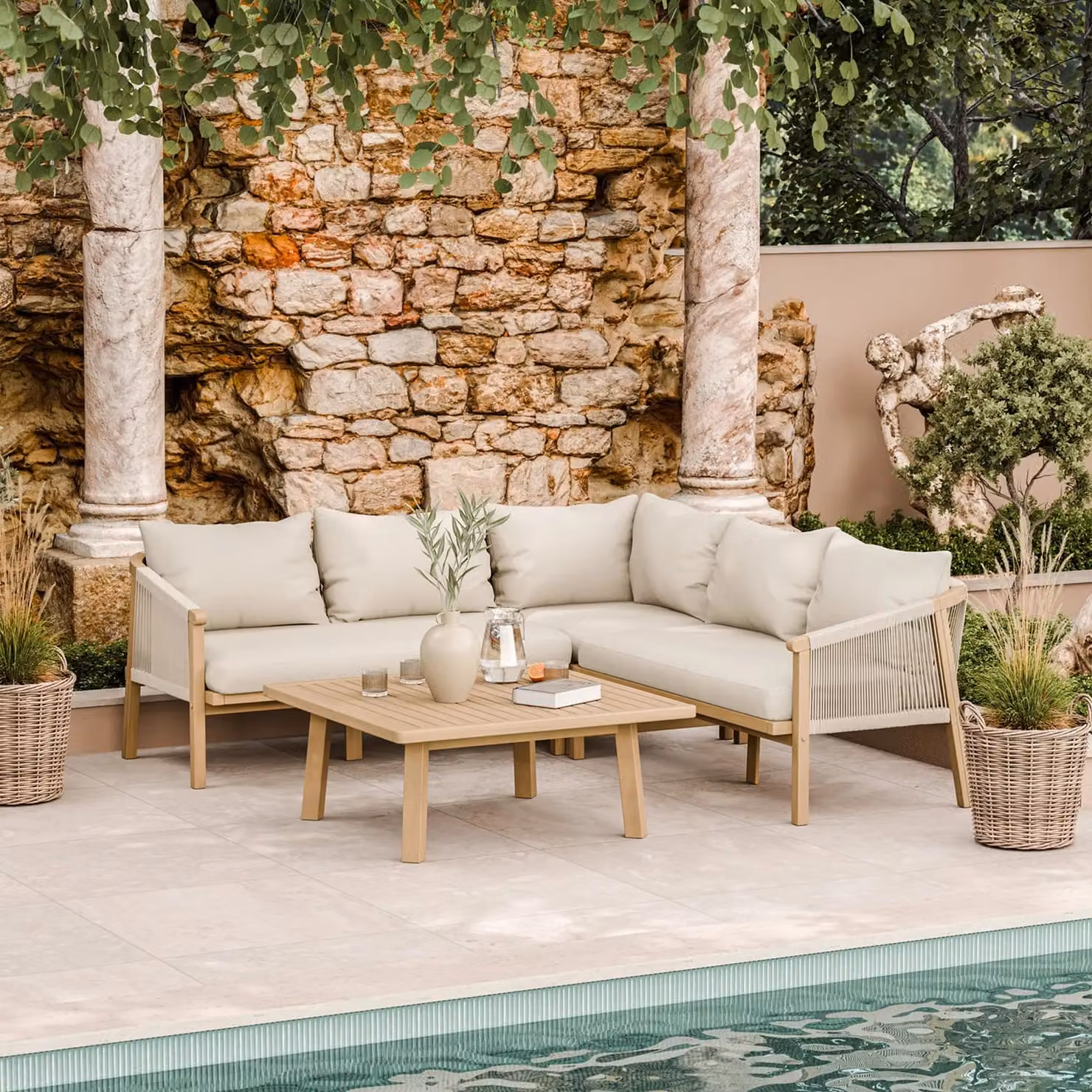 Royalcraft Roma 5 Seater Corner Lounge Set in Natural Acacia Wood with Beige Cushions – 2