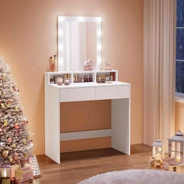 The Bazaarist Modern White Makeup Vanity Table with Hollywood LED Mirror and 2 Drawers