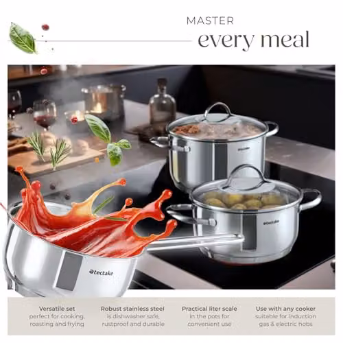 tectake Bologna 7-Piece Stainless Steel Saucepan and Pot Set with Glass Lids in Silver – 5