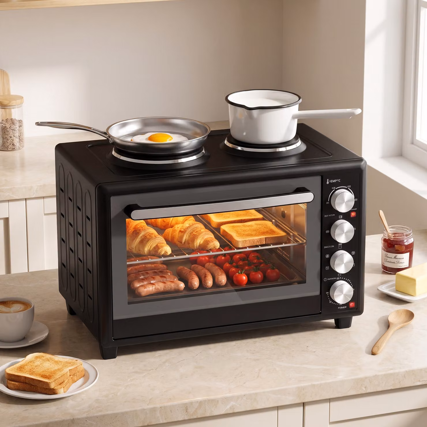 HOMCOM 46L Mini Oven with Dual Hot Plates, Black Electric Countertop Cooker with Convection, Grill and Timer, 90–230°C Adjustable Temperature – 2