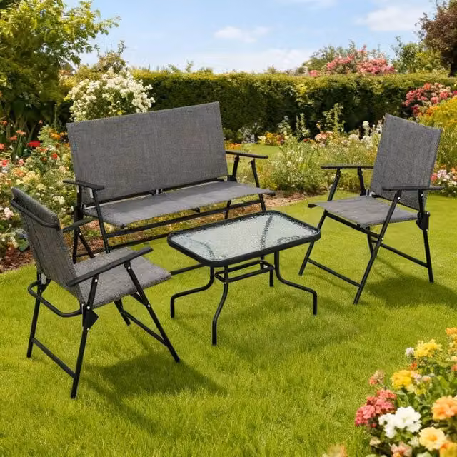 ERGOVEXA Four-Piece Metal Garden Sofa Set in Grey with Upholstered Cushions and Coffee Table – 1