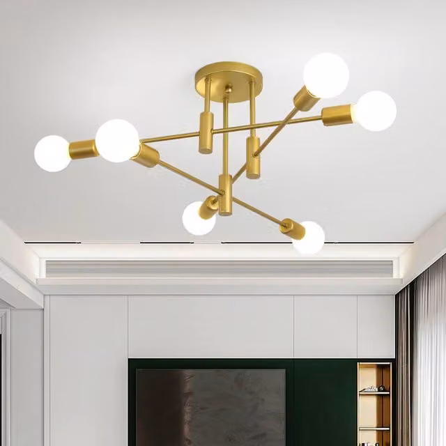 NIVOR 6-Light Industrial Mid Century Flush Mount Ceiling Chandelier in Gold/Brass with E27 Base