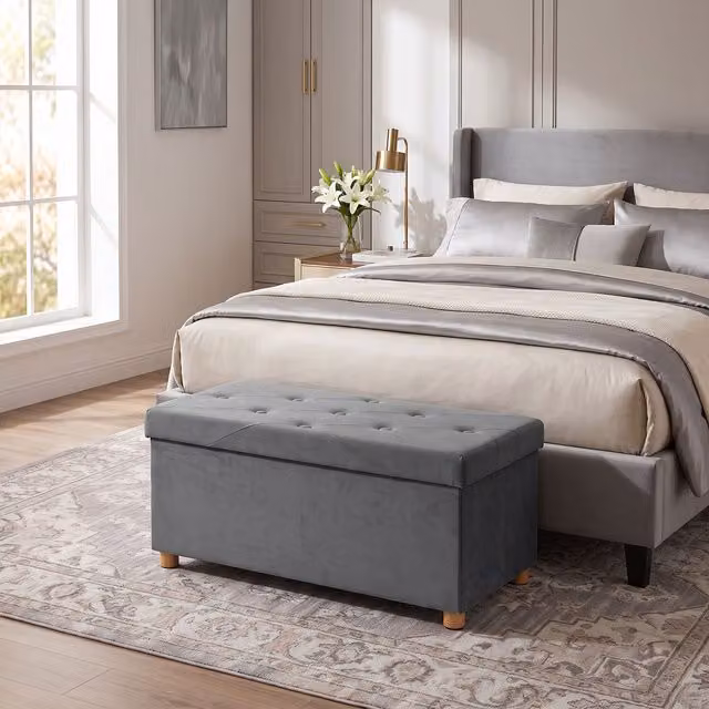 HOMCOM Grey Velvet Upholstered Foldable Ottoman Footrest with Wood Legs