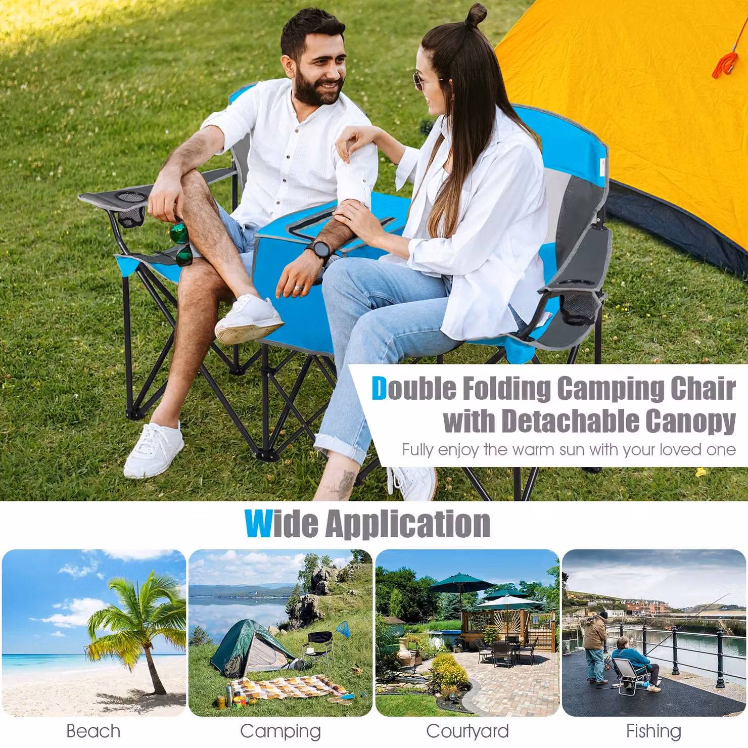 Gymax Double Sunshade Folding Chairs in Blue with Sun Canopy, Armrests and Cup Holders – 5