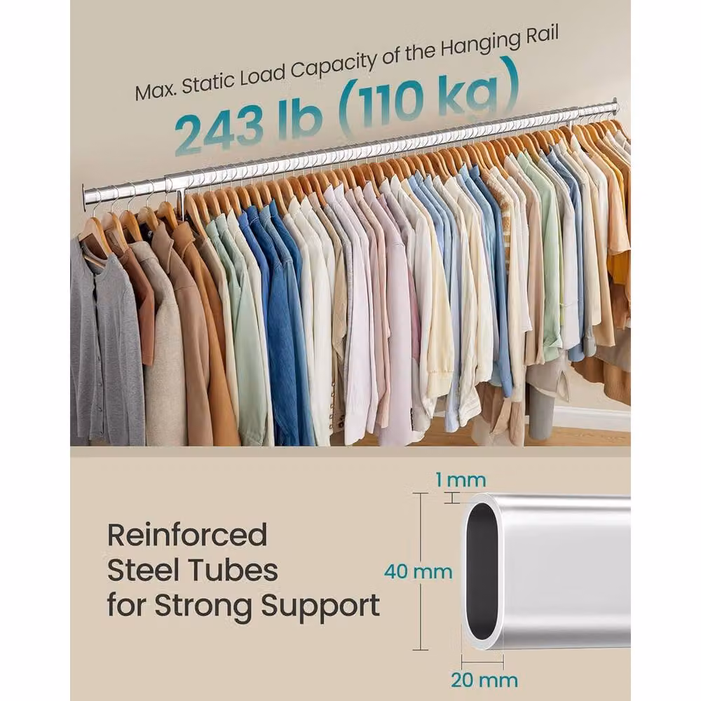 The Bazaarist Heavy Duty Rolling Clothes Rack Adjustable Metal Garment Rail, Silver – 3