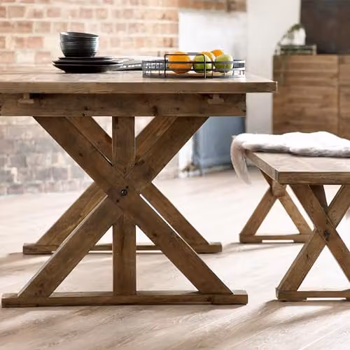 Julian Bowen Extendable Rectangular Trestle Dining Table in Beige and Brown, W/D/H: 220 x 77.5 x 97.5 cm – 4