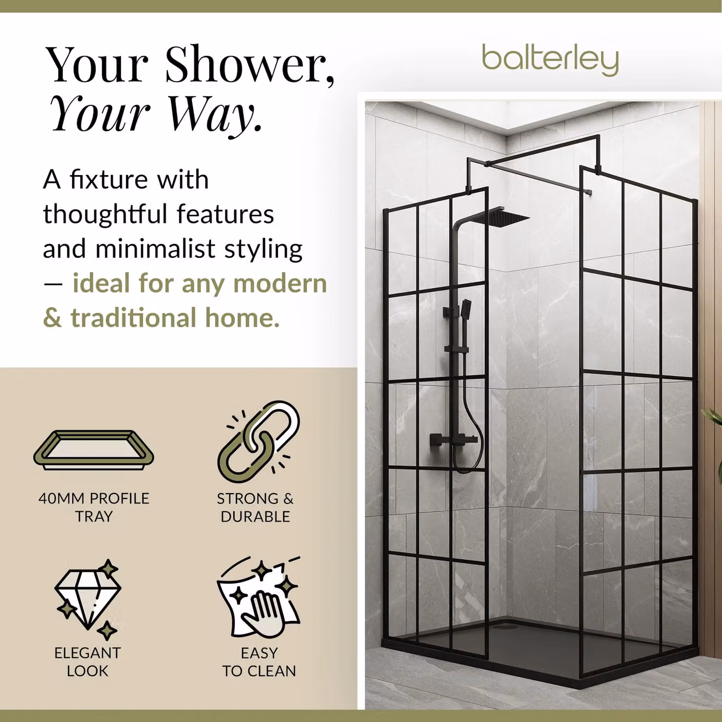 Balterley 8mm Glass Walk-In Wetroom Screen and Tray Set, Black and Grey, W: 1200 mm, D: 900 mm – 2