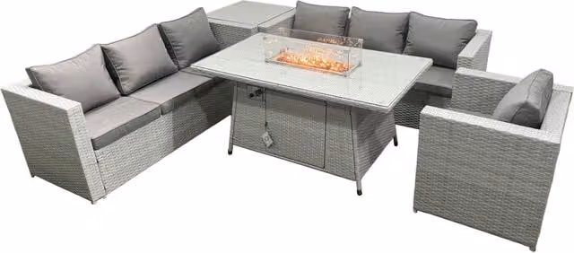 Fimous Light Grey Corner Rattan Garden Furniture Set with Gas Fire Pit, L-Shape Sofa and Coffee Table