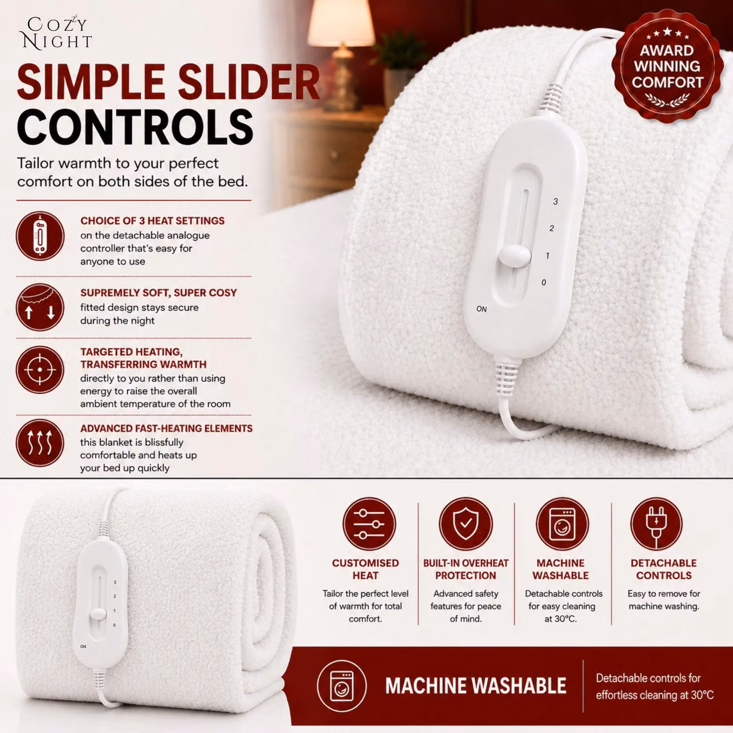 Cozy Night Single Fleece Heated Mattress Cover, White, W/D/H: 90 x 200 cm – 5