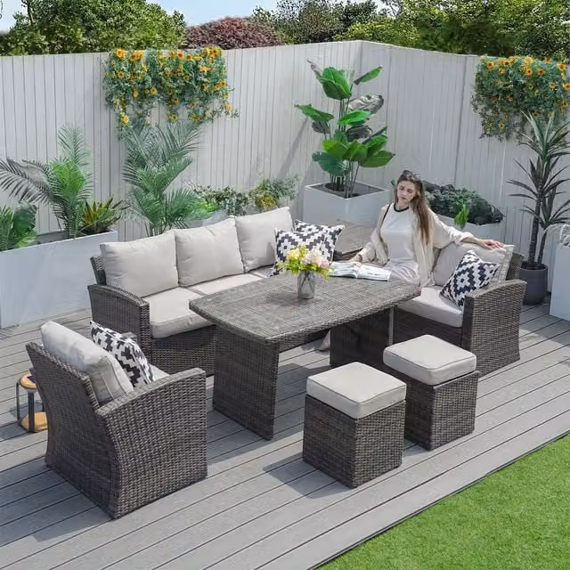 Abrihome 7-Piece Brown Wicker L-Shape Patio Conversational Sofa Set with Beige Cushions and Ottoman