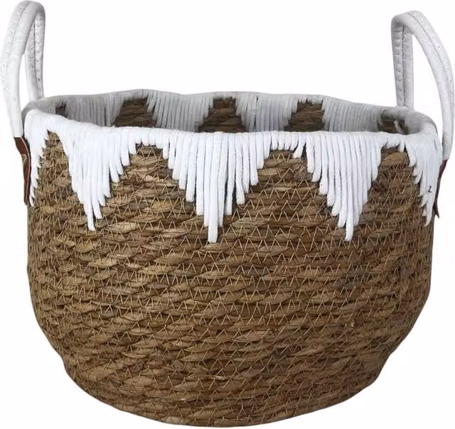 Four Candle Round Open Weave Seagrass and Rattan Storage Basket in Beige and Brown, Diameter: 32 cm – 1