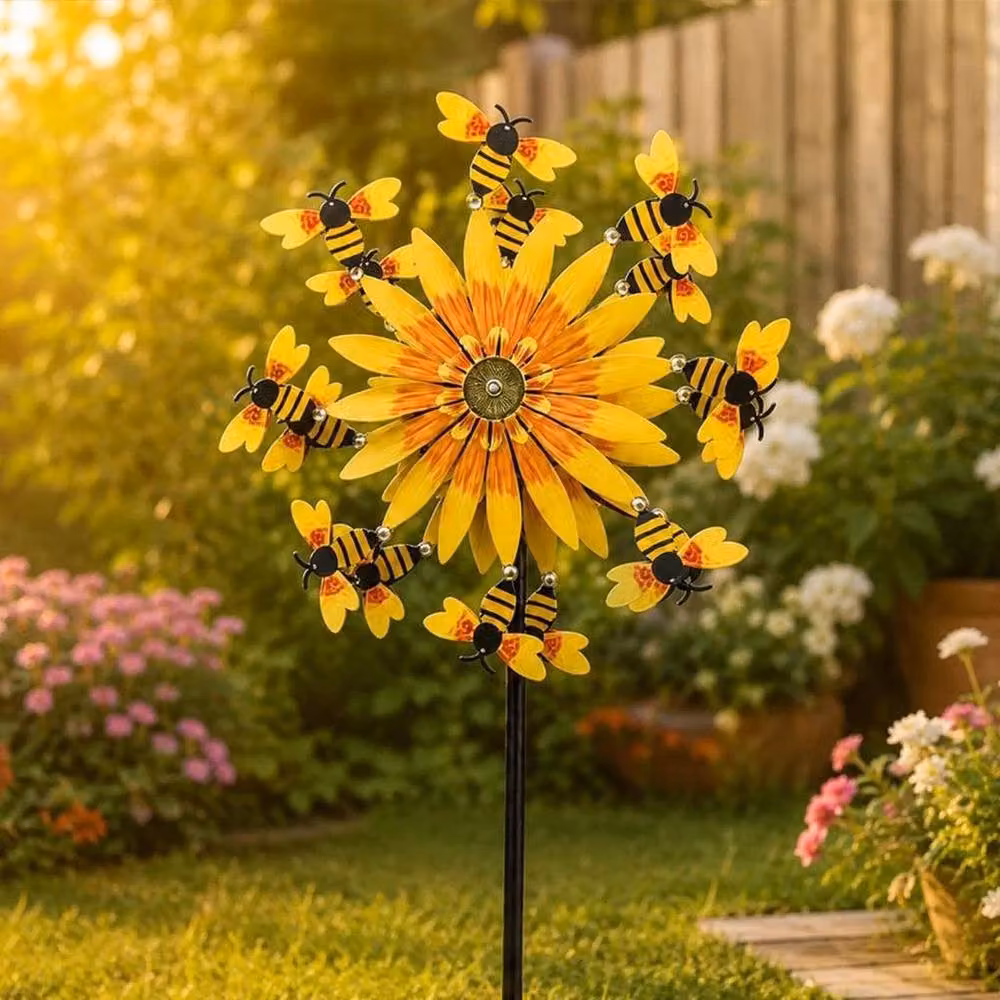 FLAVORA Bee and Sunflower Metal Garden Spinner with Spike in Yellow – 5