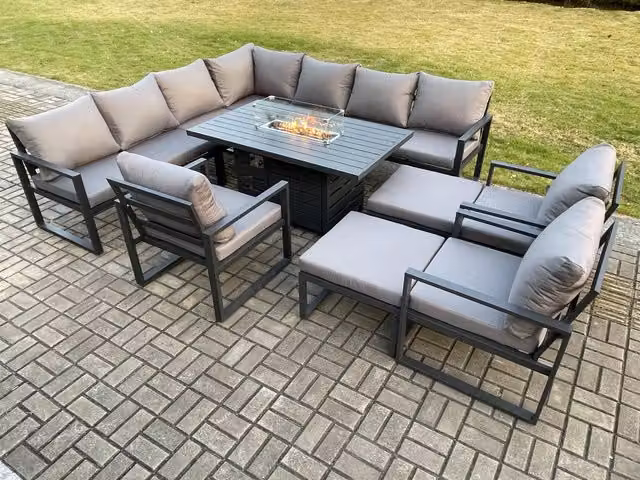 Fimous 12 Seater Aluminium Garden Furniture Set with Gas Fire Pit Dining Table, 3 Chairs and 2 Large Footstools in Dark Grey