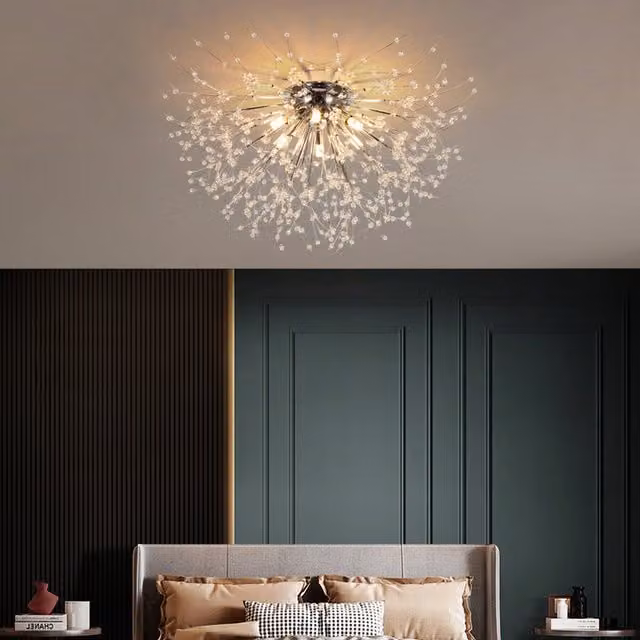 Livingandhome Sputnik Crystal Flush Ceiling Light in Chrome and Grey, Diameter: 50 cm