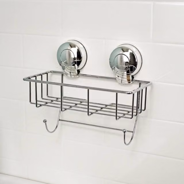 Showerdrape Suctionloc Chrome Wall Mounted Sponge Basket and Mounting Discs in Silver