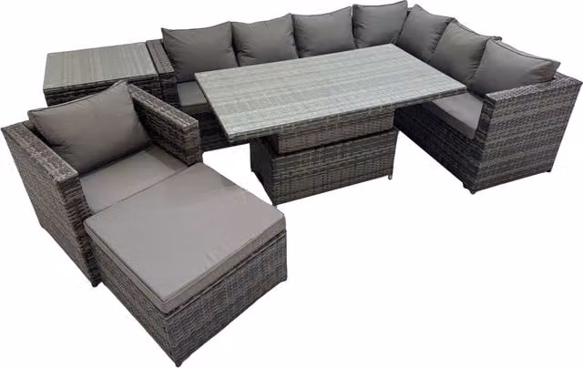 Fimous 8-Seater PE Rattan Corner Sofa Set with Adjustable Rising Table and Ottoman in Dark Grey