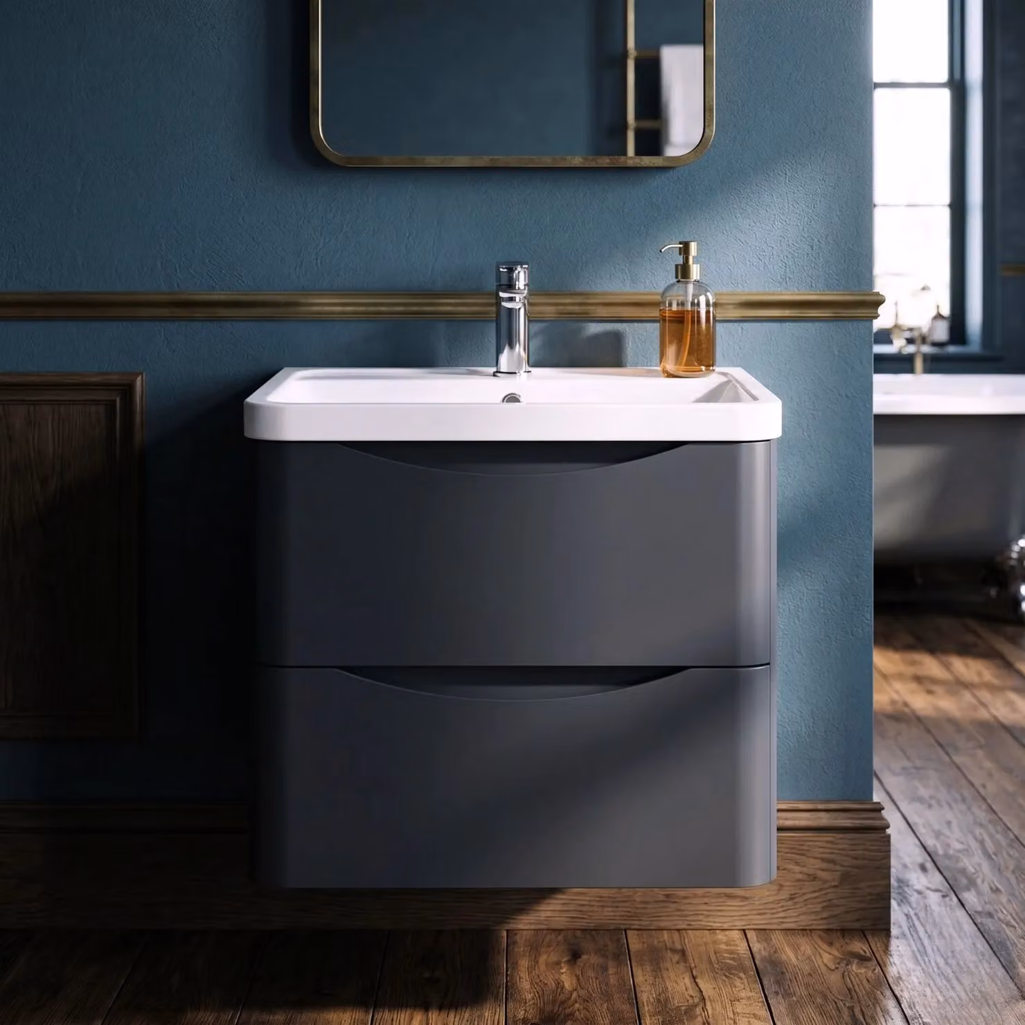 Balterley Wall Hung 2 Drawer Bathroom Vanity Unit and Basin, Dark Grey, W: 55 cm, D: 54 cm, H: 55 cm – 4