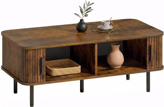 NESTLUNE Mid-Century Brown Wood Coffee Table with Storage and Sliding Doors, W: 100 cm, D: 15 cm, H: 15 cm – 1