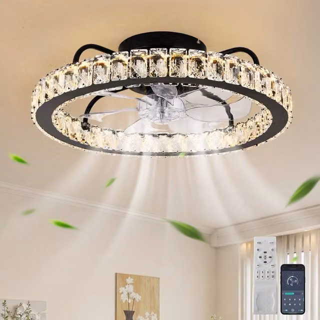 NIVOR Dimmable Silent Crystal LED Ceiling Fan with Light, Black, with Remote and App Control