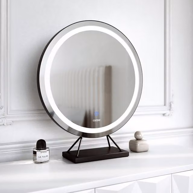 CARME Round Tabletop Lillia Frameless LED Light Mirror with Touch Switch and Dimmable Function in Black and Gold