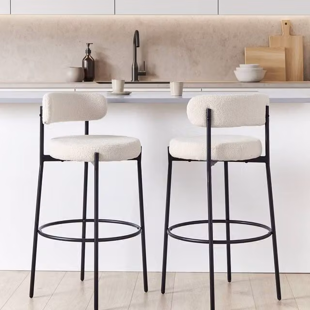 Wyld and Coco Set of 2 White Bouclé Bar Stools with Matte Black Metal Legs